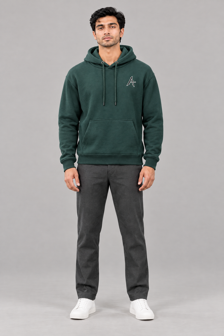 ADOT heavyweight pullover hoodie in Bottle Green, worn, front