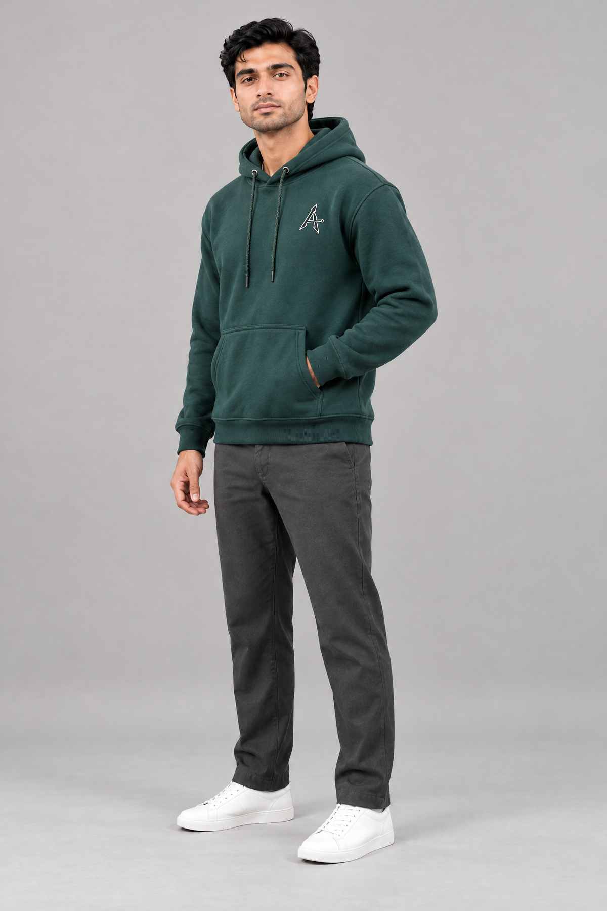 ADOT heavyweight pullover hoodie in Bottle Green, worn, three-quarter