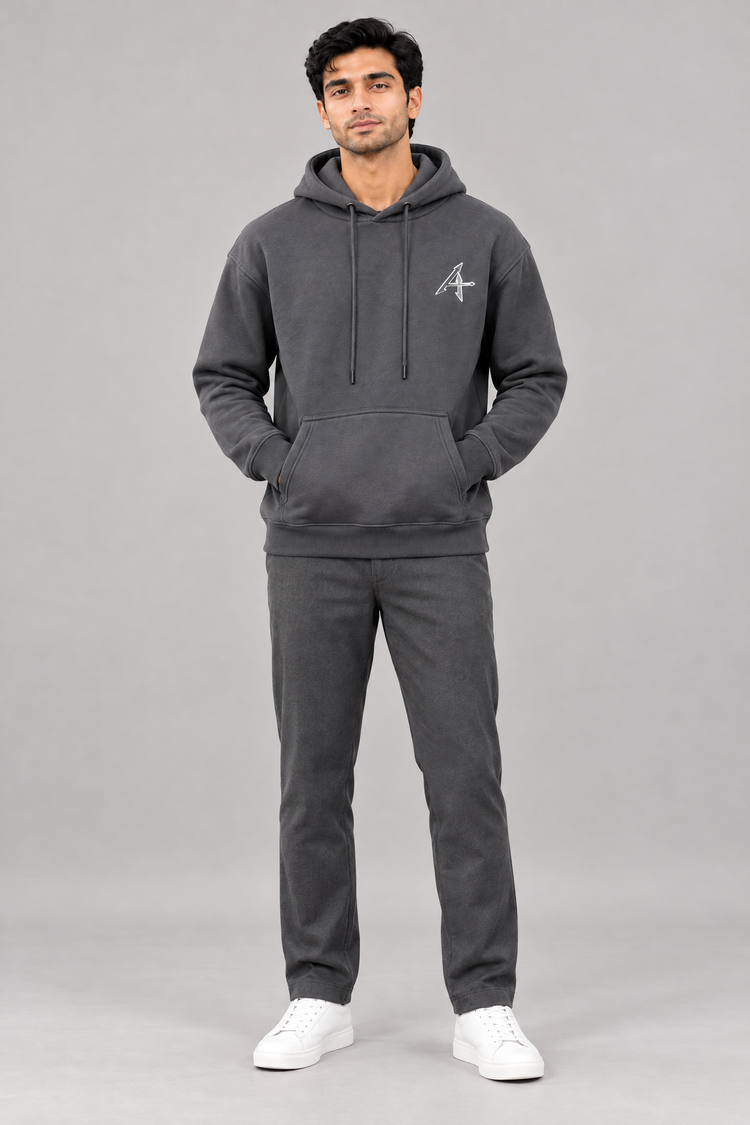 ADOT heavyweight pullover hoodie in Heather Grey, worn, front