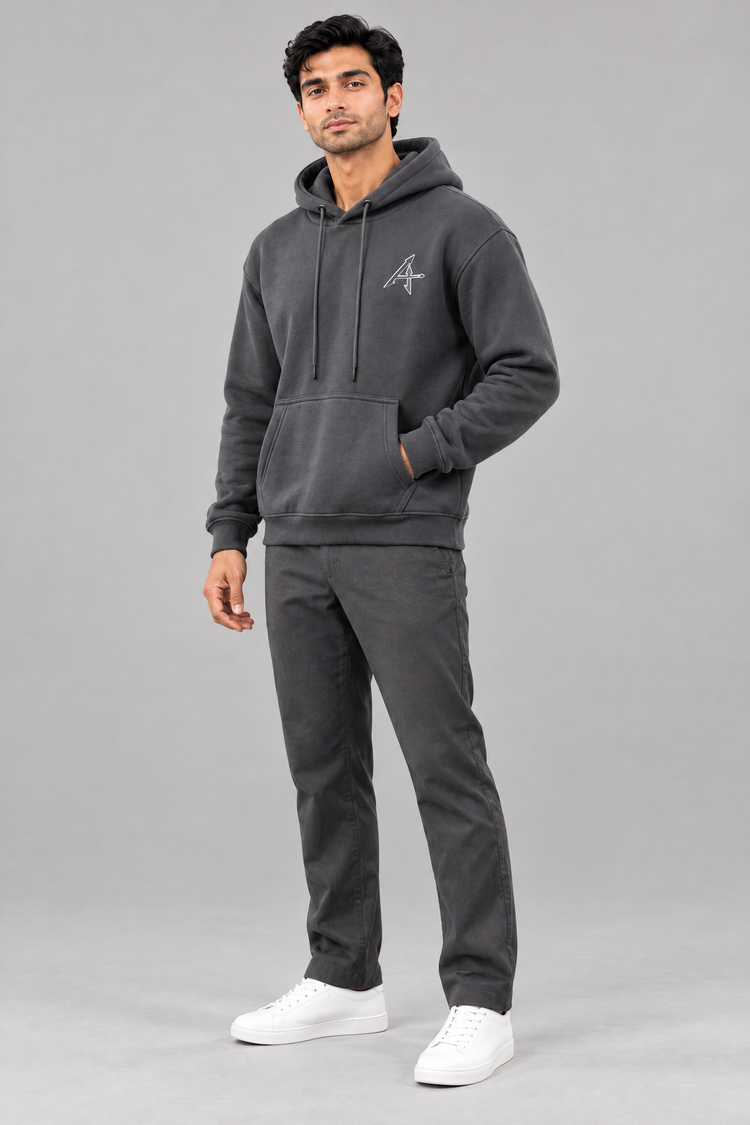 ADOT heavyweight pullover hoodie in Heather Grey, worn, three-quarter