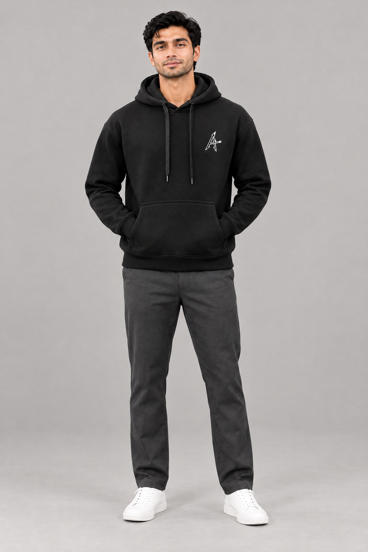 ADOT heavyweight pullover hoodie in Jet Black, worn, front