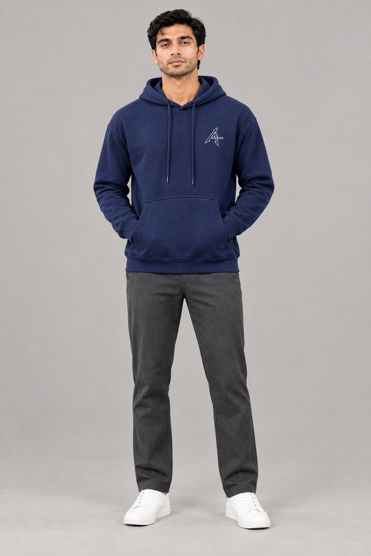 ADOT heavyweight pullover hoodie in Navy Blue, worn, front