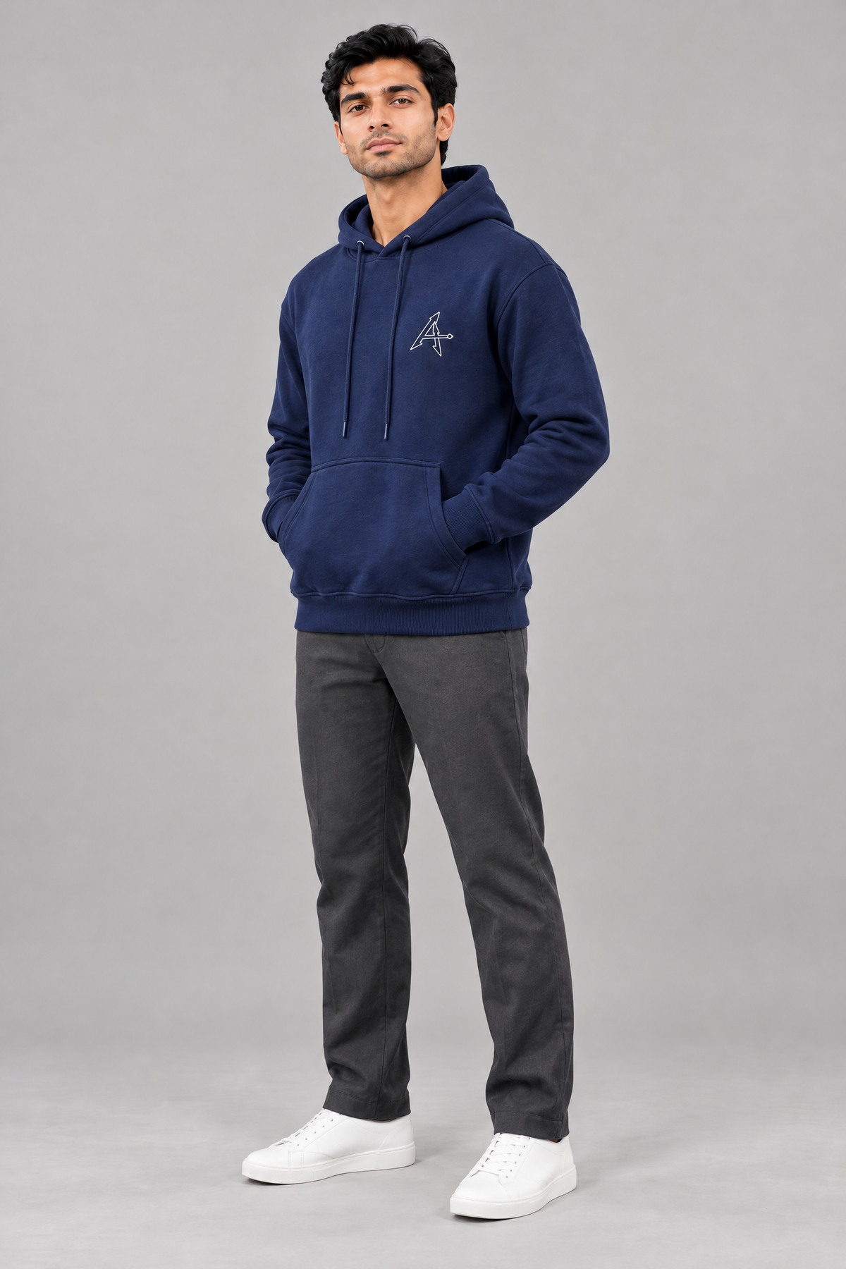 ADOT heavyweight pullover hoodie in Navy Blue, worn, three-quarter