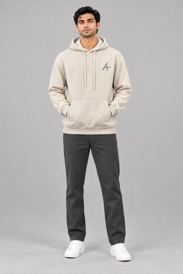 ADOT heavyweight pullover hoodie in Off-White Cream, worn, front