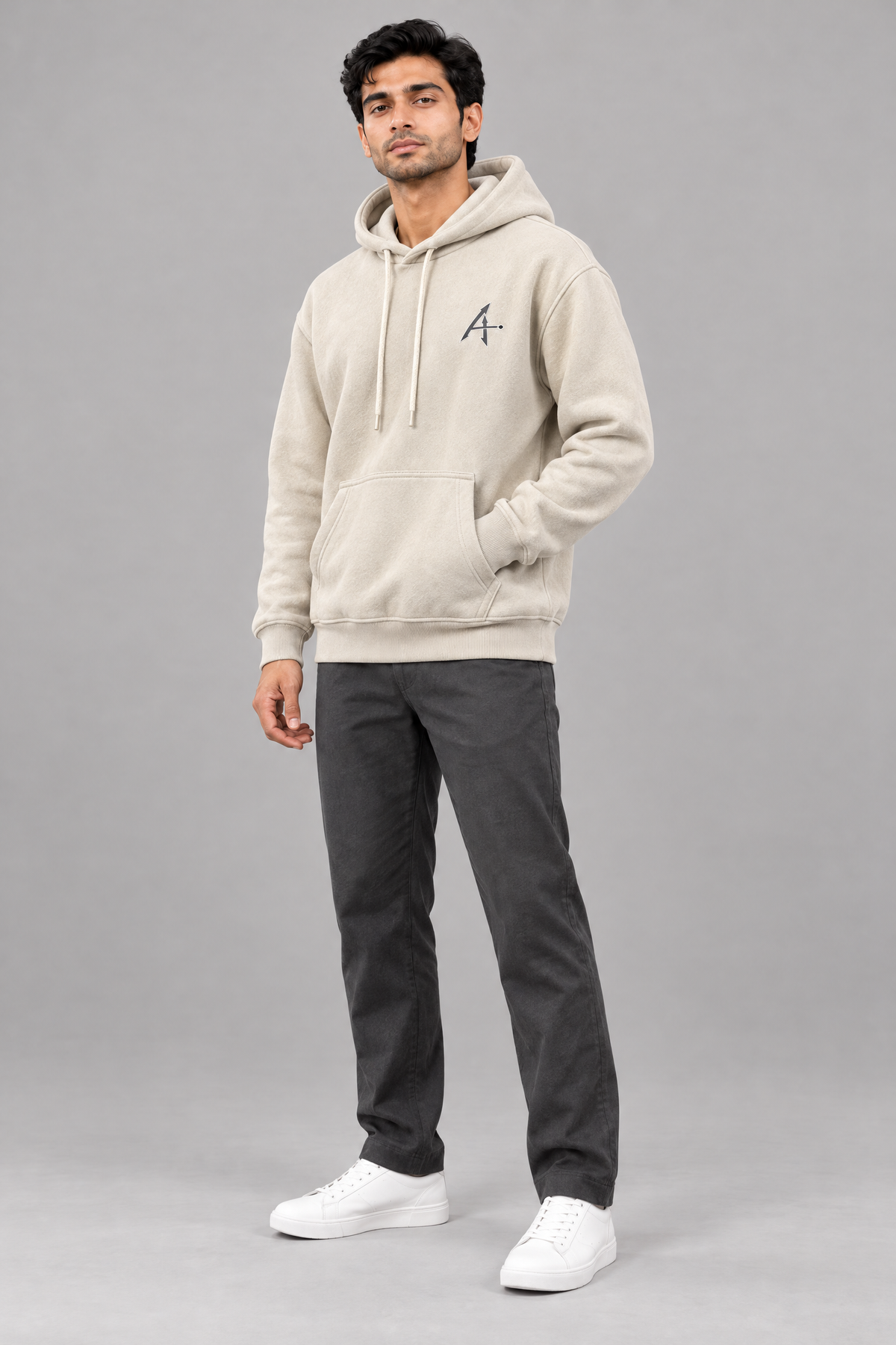 ADOT heavyweight pullover hoodie in Off-White Cream, worn, three-quarter