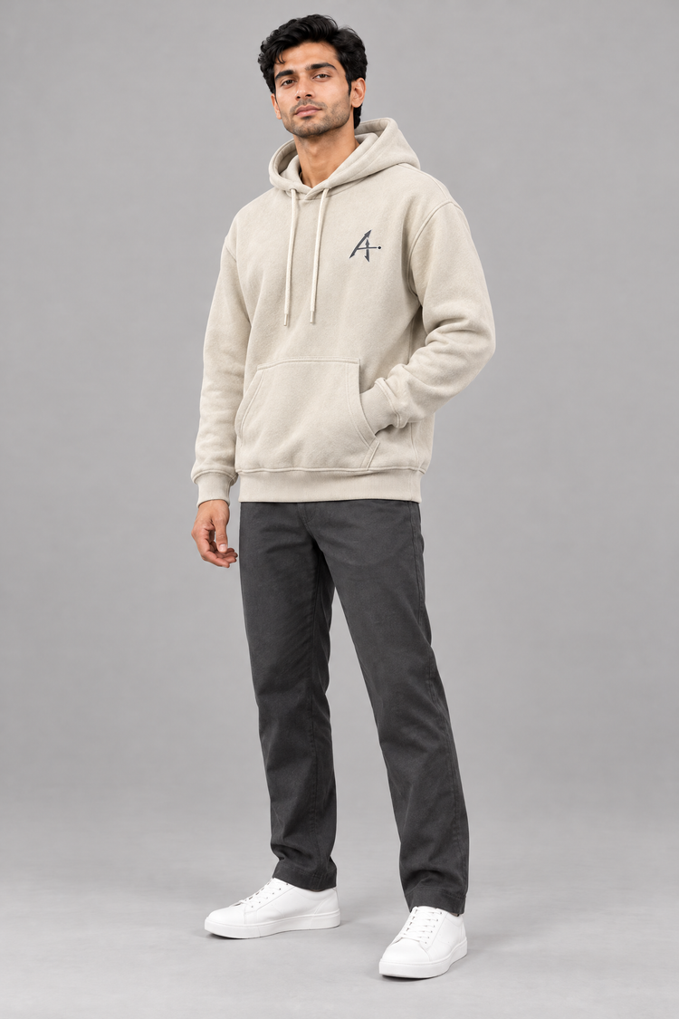 ADOT heavyweight pullover hoodie in Off-White Cream, worn, three-quarter